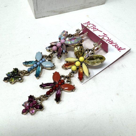 Betsey Johnson Sparkling Rhinestone Butterfly Pierced Earrings Dangle NWT - Picture 3 of 5